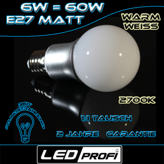 LED Lampe Birne E27, 600 Lumen, 6Watt, 360°, Warmeiß, Milchglas (60 Watt Ersatz)