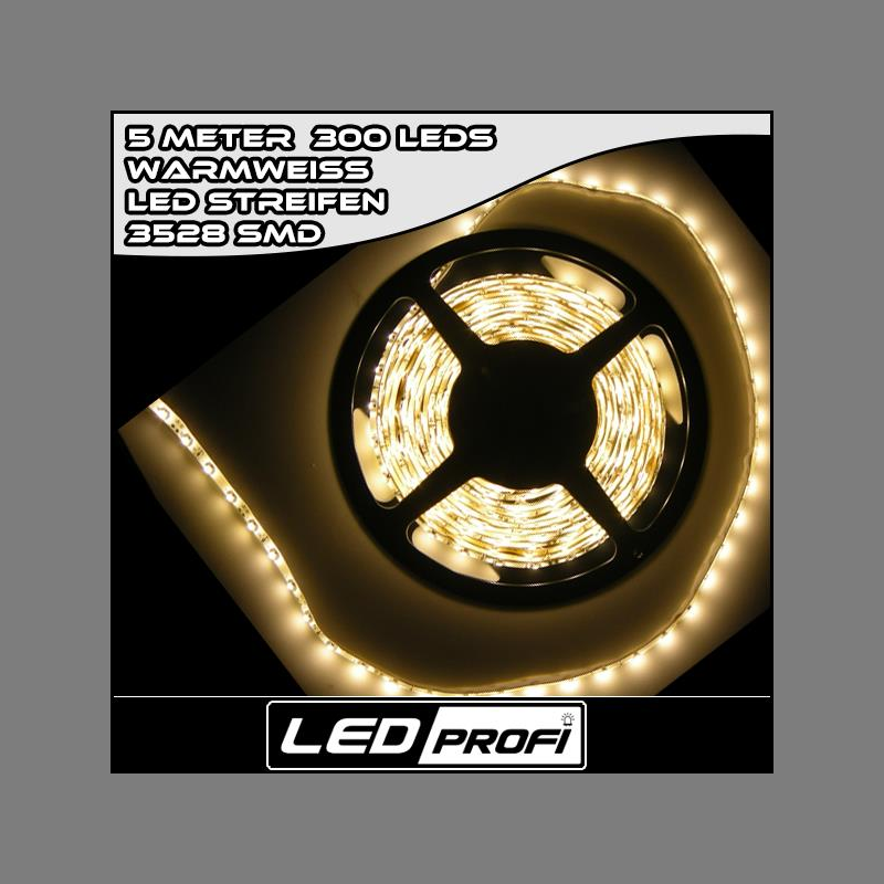 LE 12V DC LED 5m Streifen LED DIY Strip Lichtleiste mit klebeband 300 Stück 3528 LEDs warmweiß Streifenlicht 